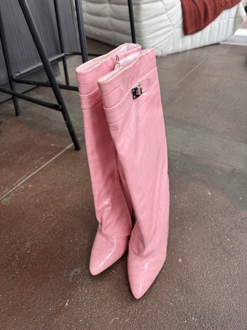 Public Desire Pink Croc Fold Over Lock Boots Pointed Toe Size 6